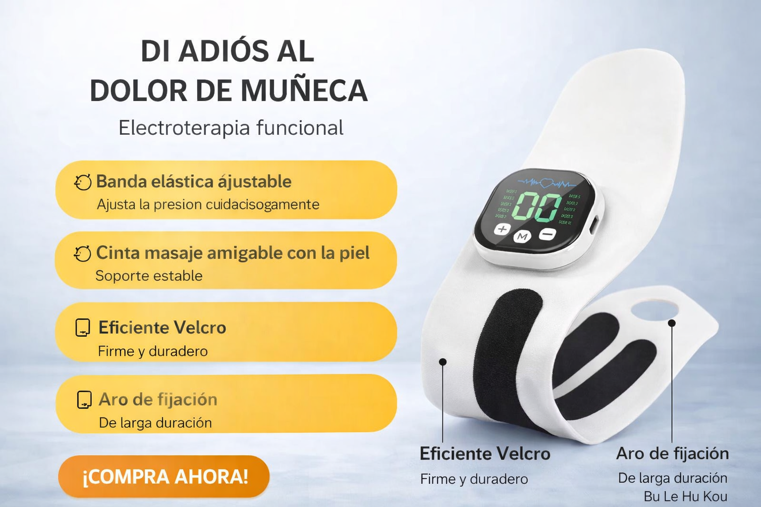 Muñequera electroterapia profesional con 10 modos de vibración para aliviar la fatiga muscular de la mano. Recargable por USB.