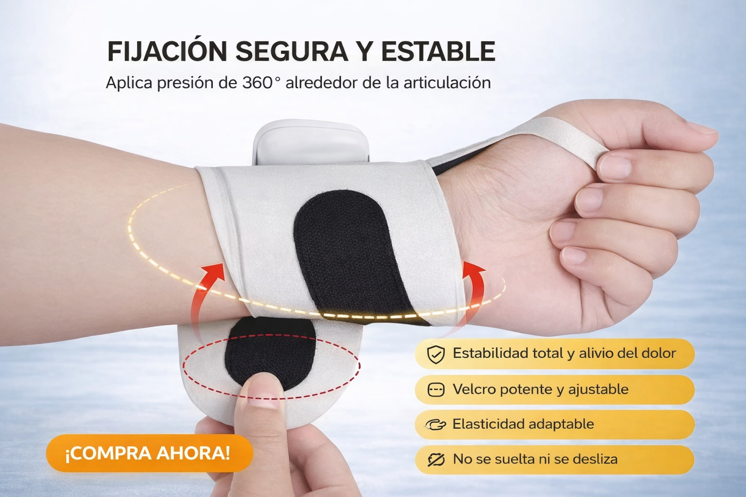 Muñequera electroterapia profesional con 10 modos de vibración para aliviar la fatiga muscular de la mano. Recargable por USB.