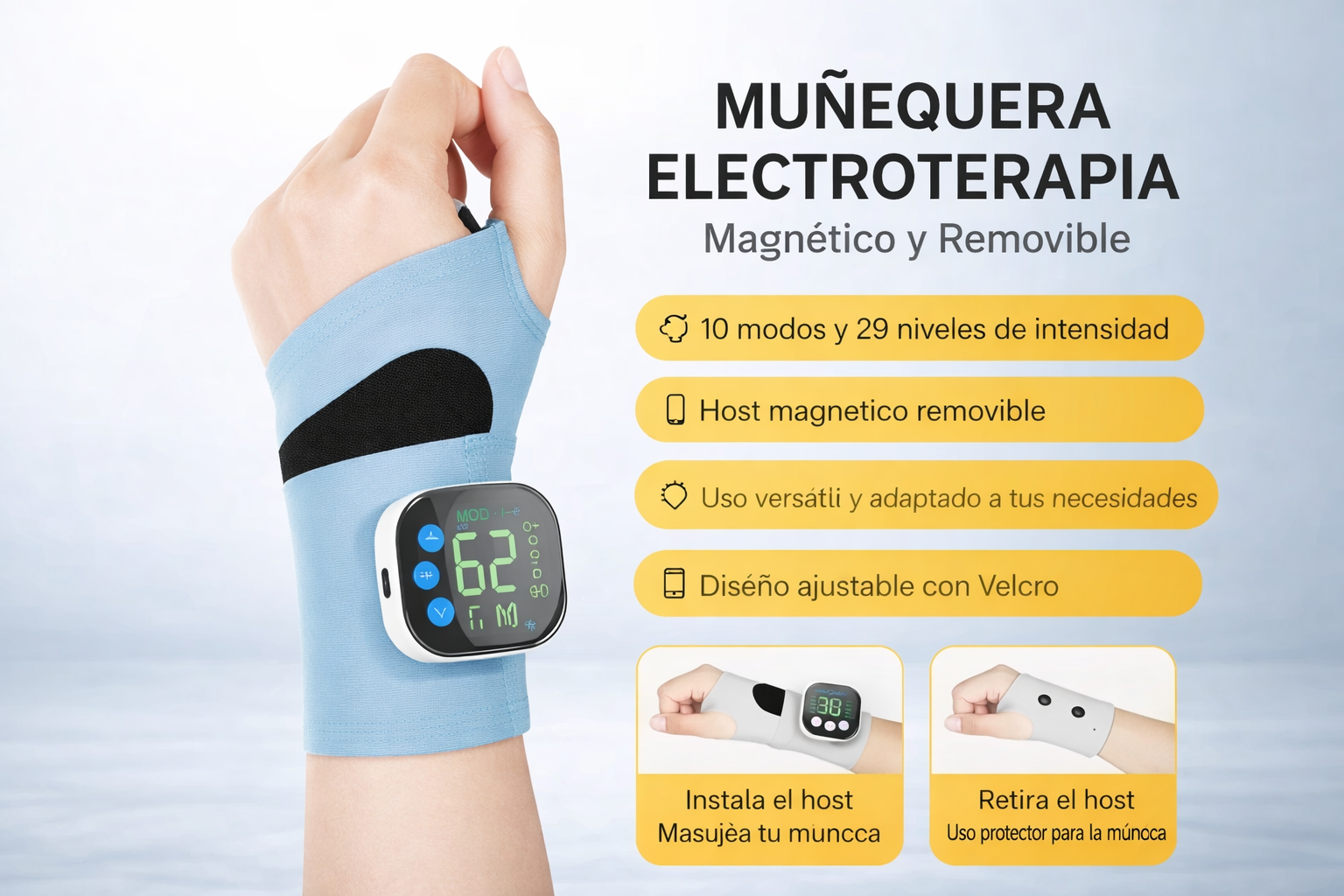Muñequera electroterapia profesional con 10 modos de vibración para aliviar la fatiga muscular de la mano. Recargable por USB.