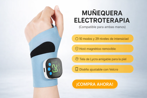 Muñequera electroterapia profesional con 10 modos de vibración para aliviar la fatiga muscular de la mano. Recargable por USB.