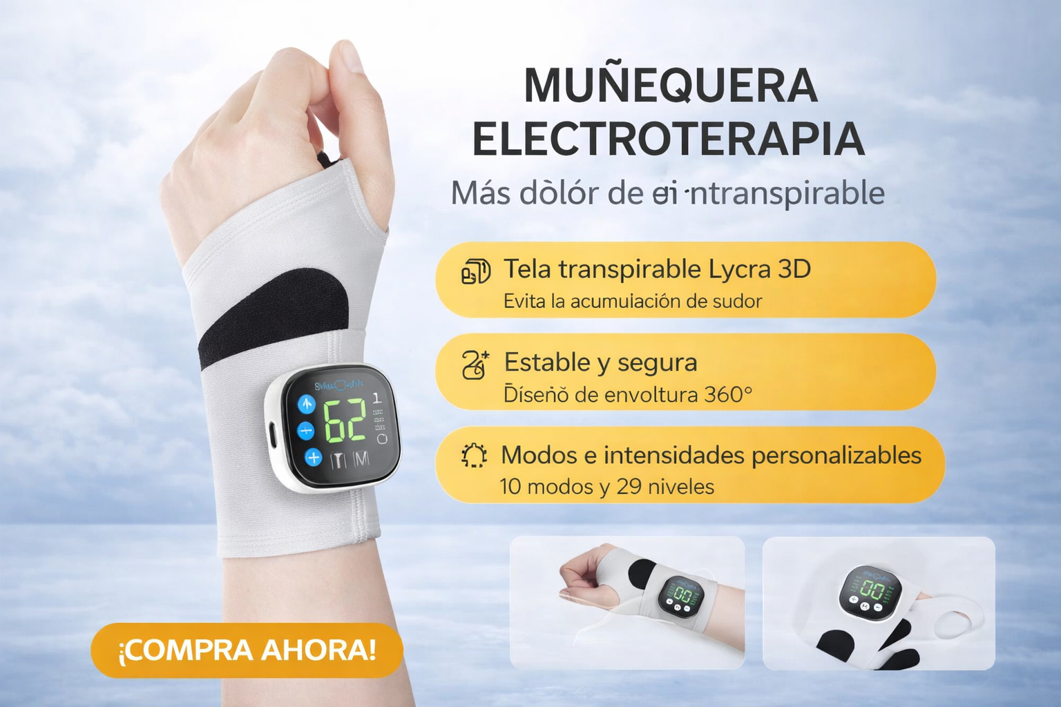 Muñequera electroterapia profesional con 10 modos de vibración para aliviar la fatiga muscular de la mano. Recargable por USB.